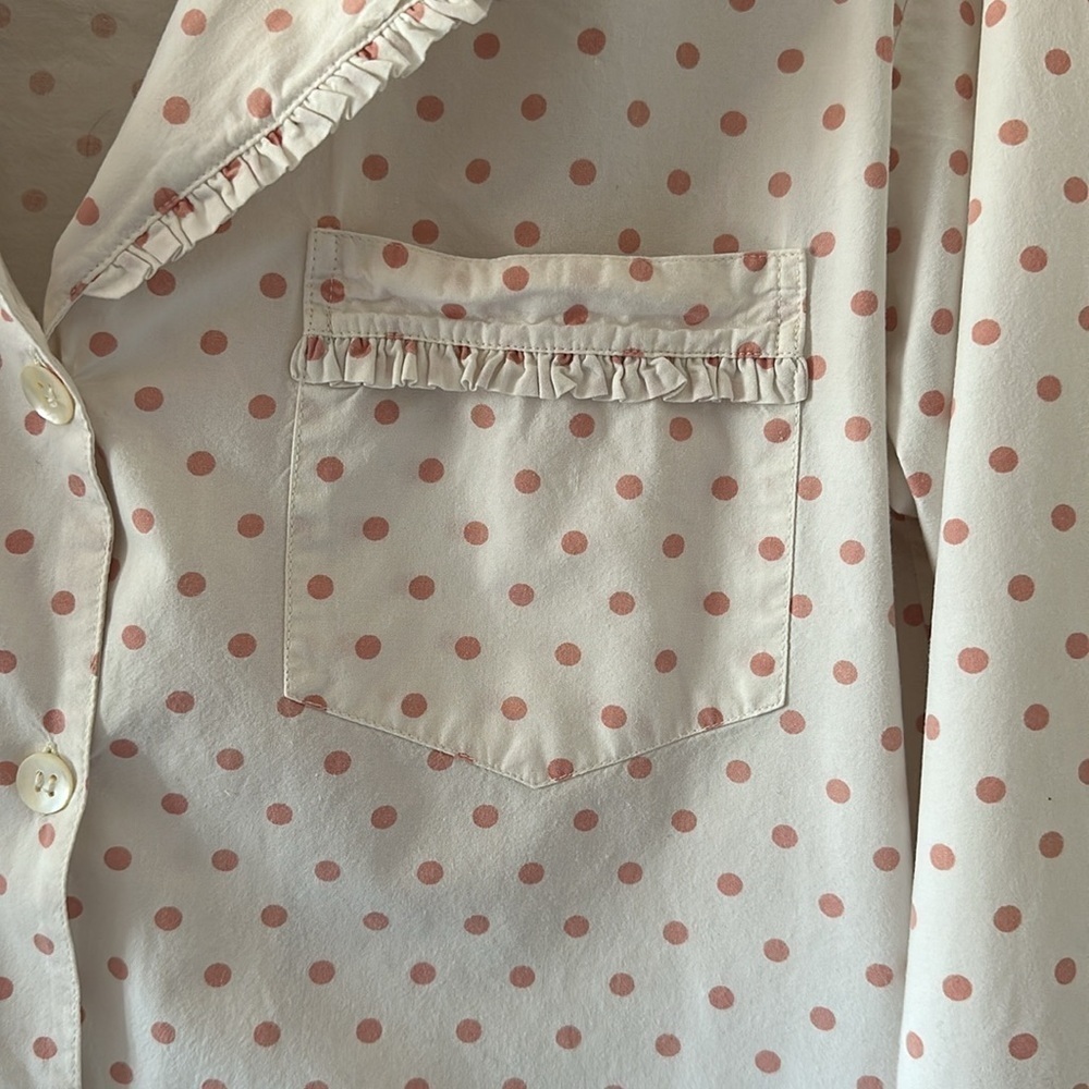 TAYLOR LINENS PINK & WHITE POLKA DOT RUFFLED COLLAR & TRIM NIGHT SHIRT SZ SMALL - Picture 4 of 9